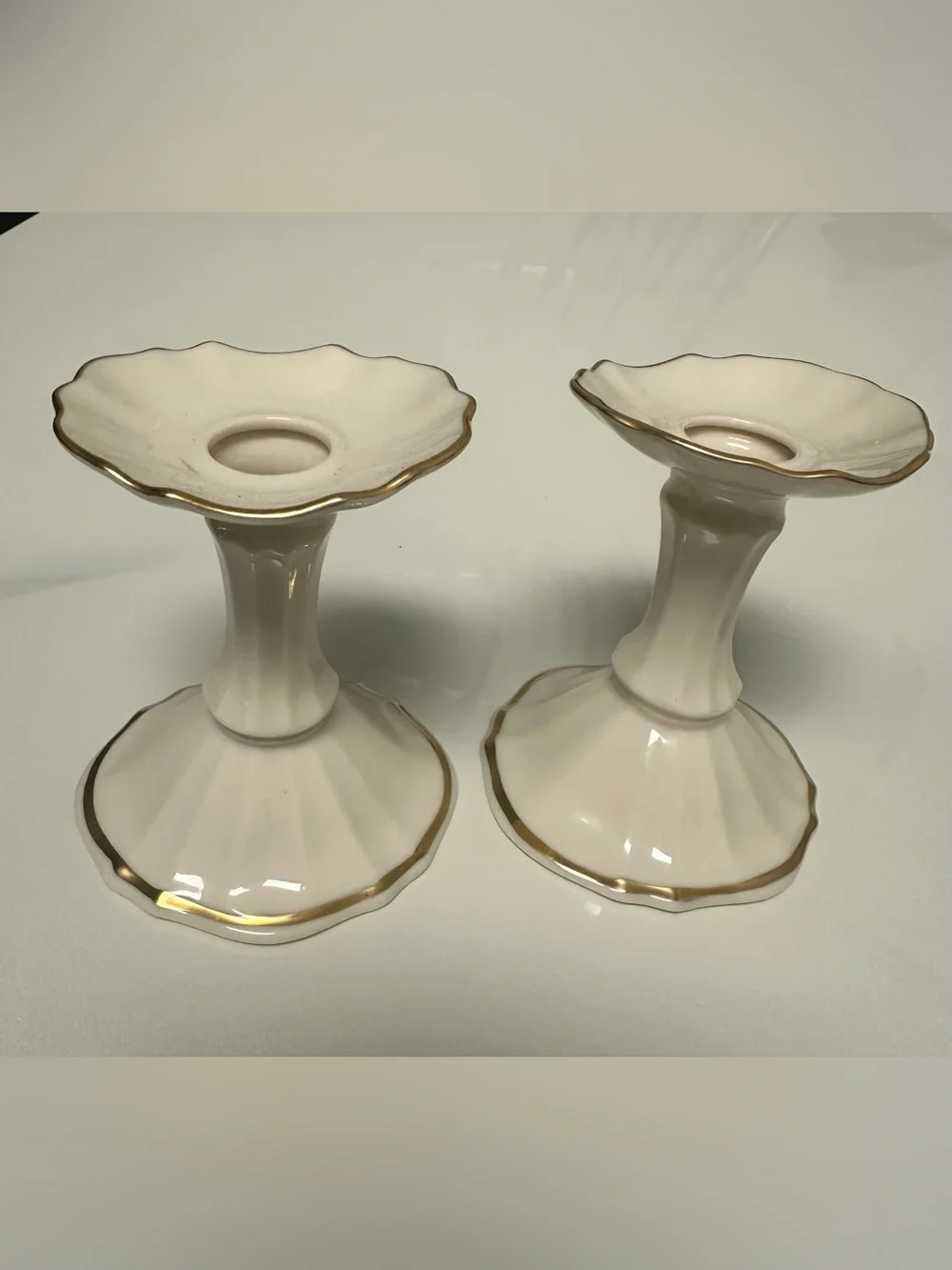 Lenox Cream Ceramic Candle Holders with Gold Trim - Pair